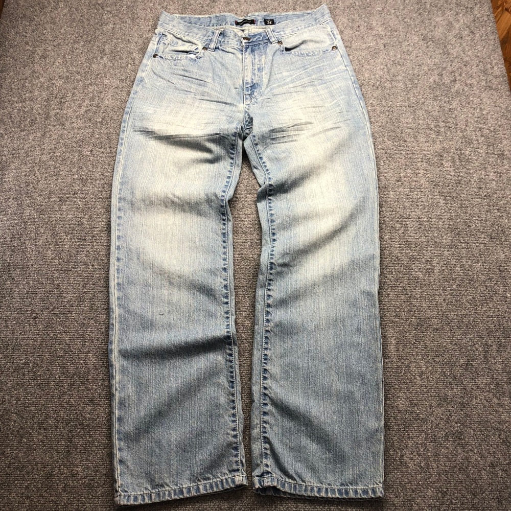 Y2K Men Light Wash Wide Leg Embroidered Back Pocket Denim Jeans Size 34